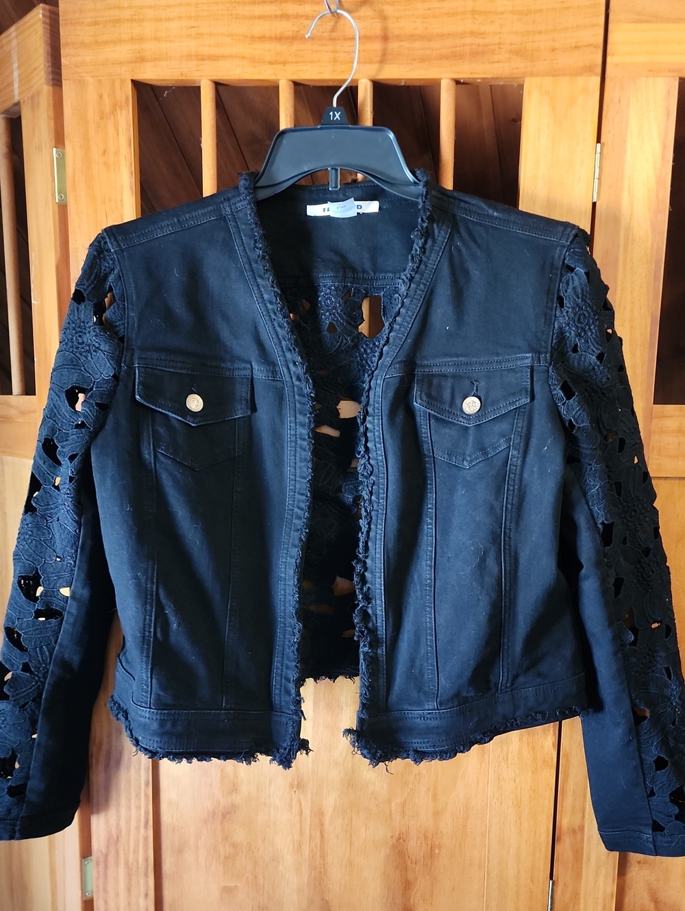 Peter Nygard Black Lace-Sleeve Denim Jacket